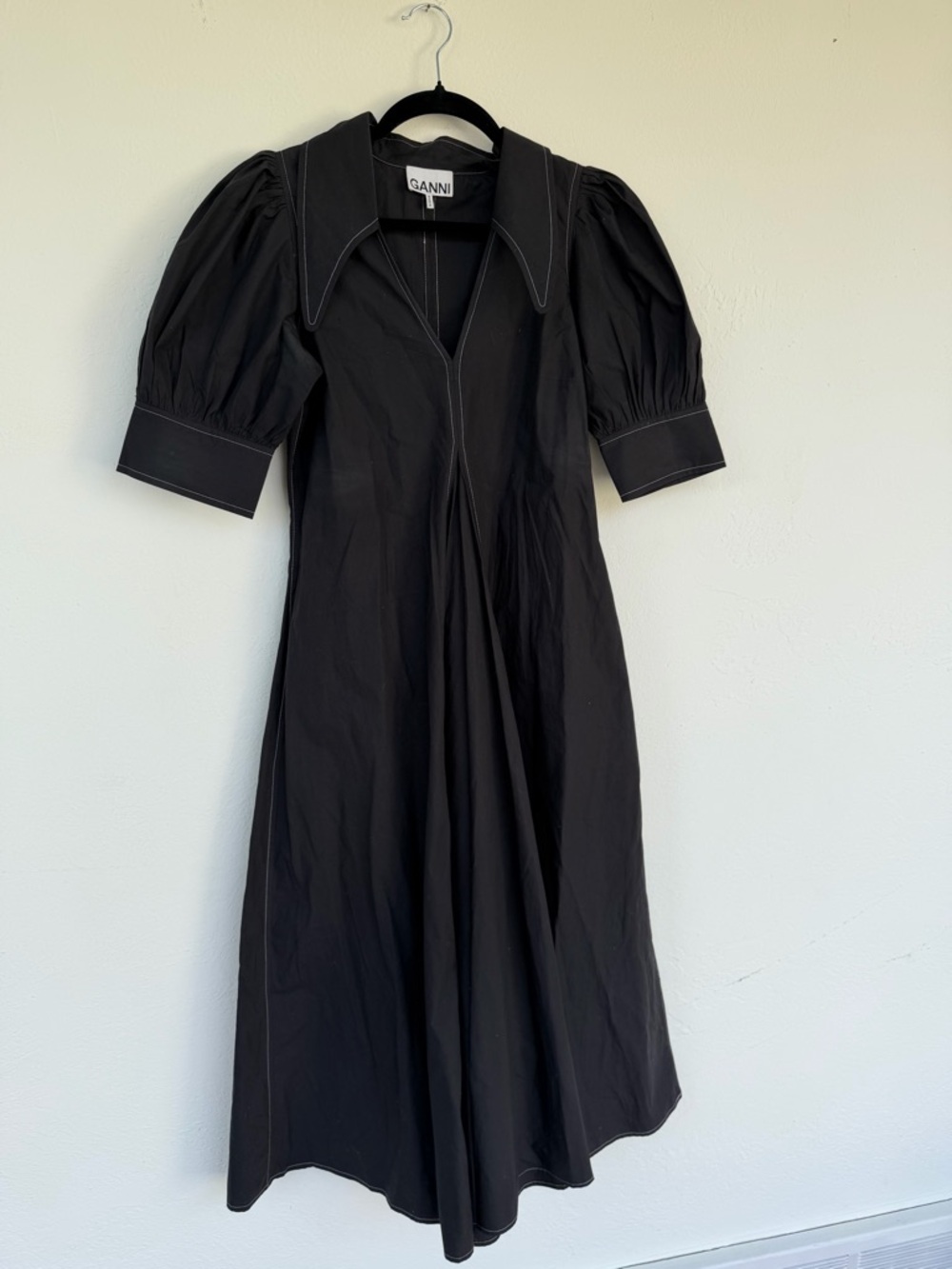 Ganni Black Puff-Sleeve Midi Dress with Contrast Stitching